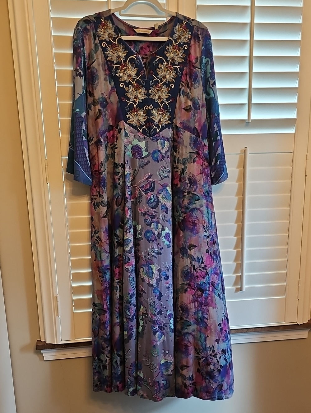 Soft Surroundings Cantina Blue And Purple Floral Embroidered Maxi Dress